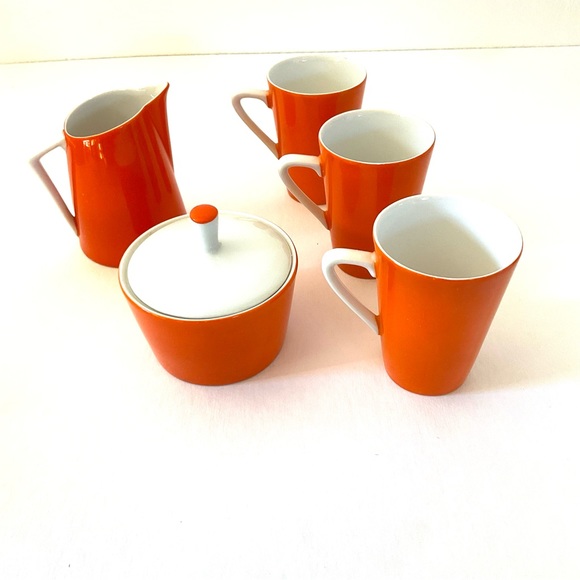 RARE OMC Japanese Demitasse Cups/Sugar & Creamer Porcelain 1960’s Mod Orange EUC - Picture 2 of 8